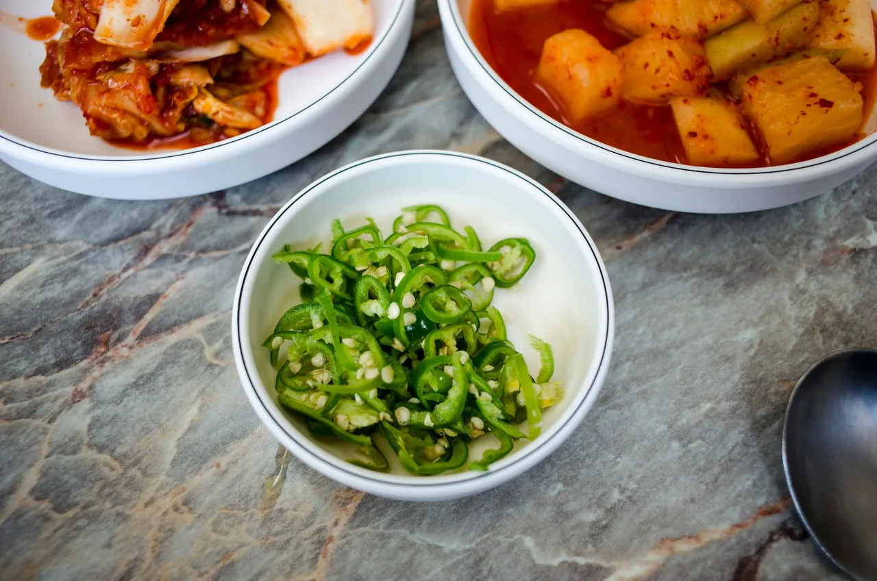 A spread of free banchan side dishes
